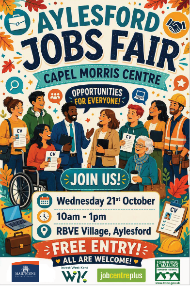 Poster advertising the Aylesford Jobs Fair on Wednesday 21 October, 10am to 1pm, at RBVE Village, Aylesford. Free entry and open to all, with job opportunities, CV support, and employment advice. Supported by Maidstone Borough Council, Tonbridge & Malling Borough Council, Invest West Kent and Jobcentre Plus.