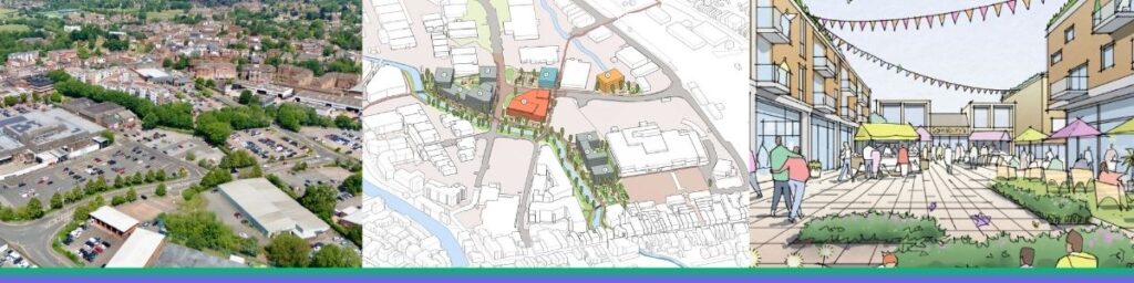 Banner image showing three views of the proposed Tonbridge Town Centre regeneration: an aerial photograph of the existing town centre, a coloured masterplan map of the regeneration area, and an artist's illustration of a new public square with landscaping, seating and outdoor café spaces.